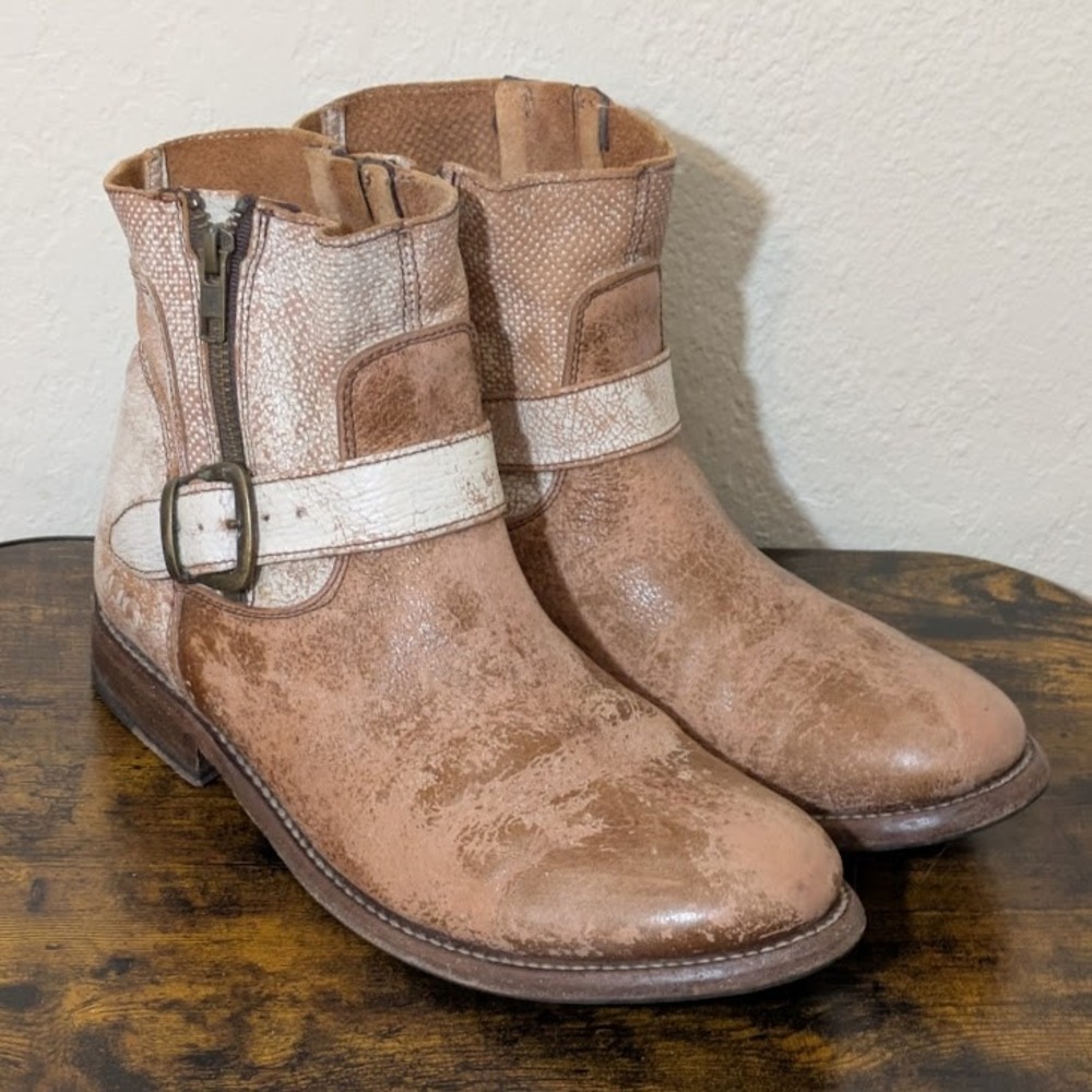 BED STU Becca Ankle Boots Distressed Leather Buckle Tan‎ Brown Cream Womens 9.5